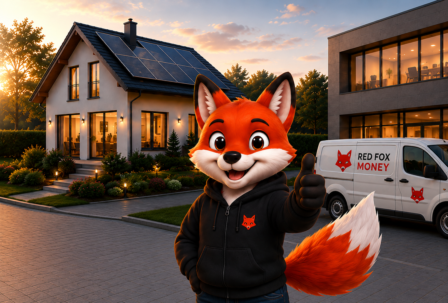 Foxi vor Wohnhaus und Gewerbegebäude