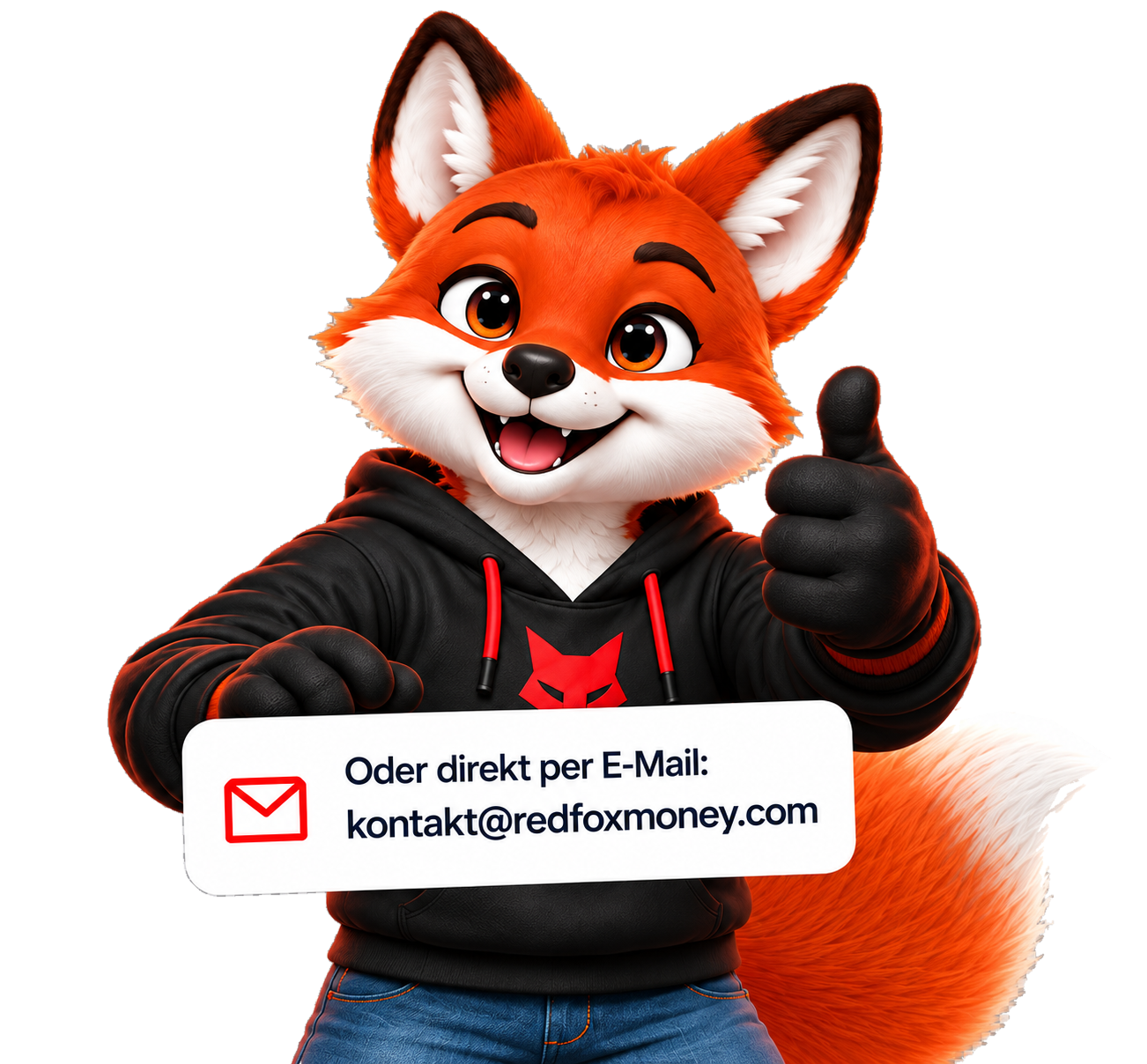 Foxi mit Kontaktadresse kontakt@redfoxmoney.com